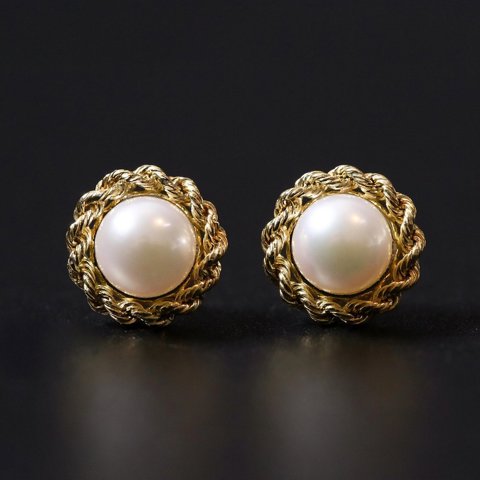 Pearl Stud Earrings, Gold Trim